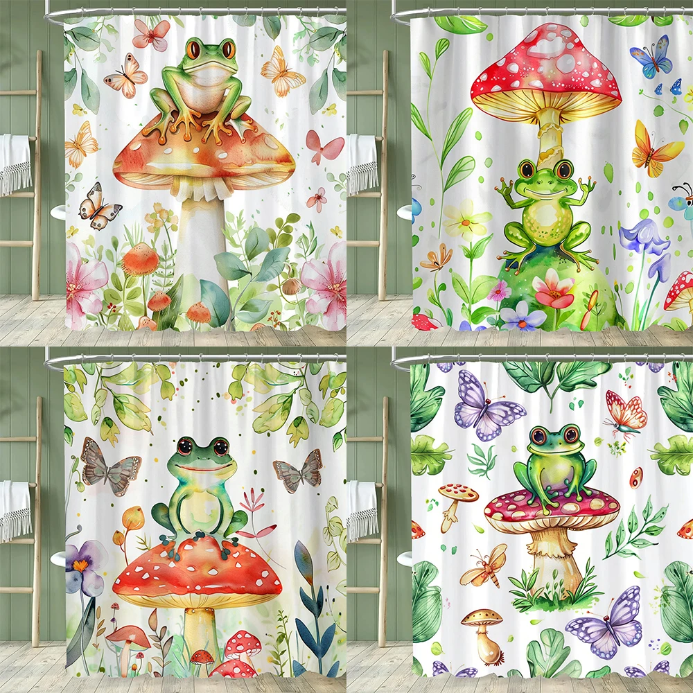 

Милая мультяшная зеленая занавеска для душа с изображением лягушки, декоративная занавеска для ванной комнаты с цветами и растениями, домашняя занавеска с крючками