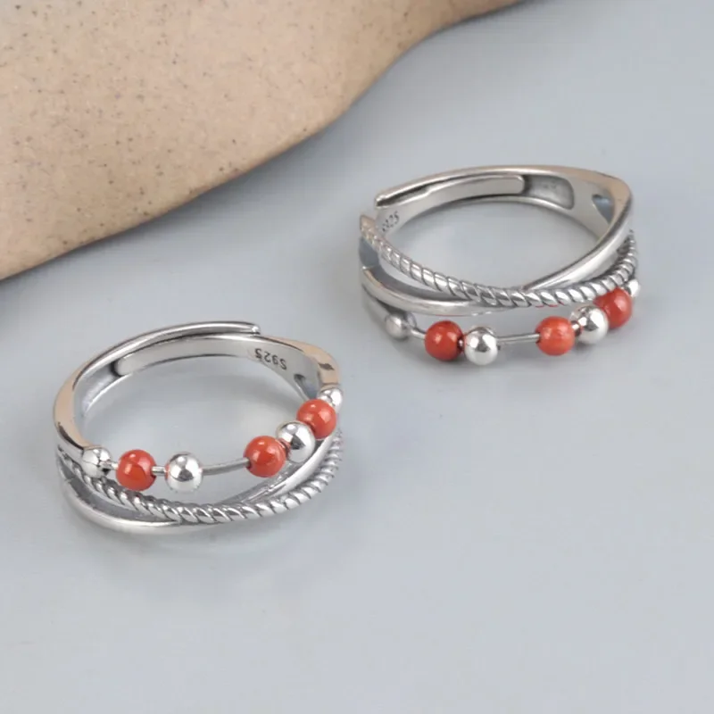 

925 Sterling Silver Wide South Red Agate Ring Female Vintage Twist Beads Opening Adjustable Finger Rings Jewelry Wholesale JZ095