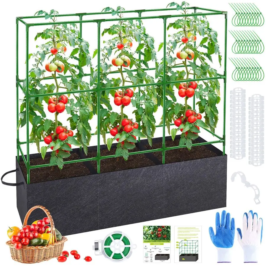 

Садовые опоры для томатов (дюймовые) с мешками для выращивания объемом 46 галлонов, квадратные опоры-решетки для растений в комплекте с мешками для посадки, для огурцов и овощей