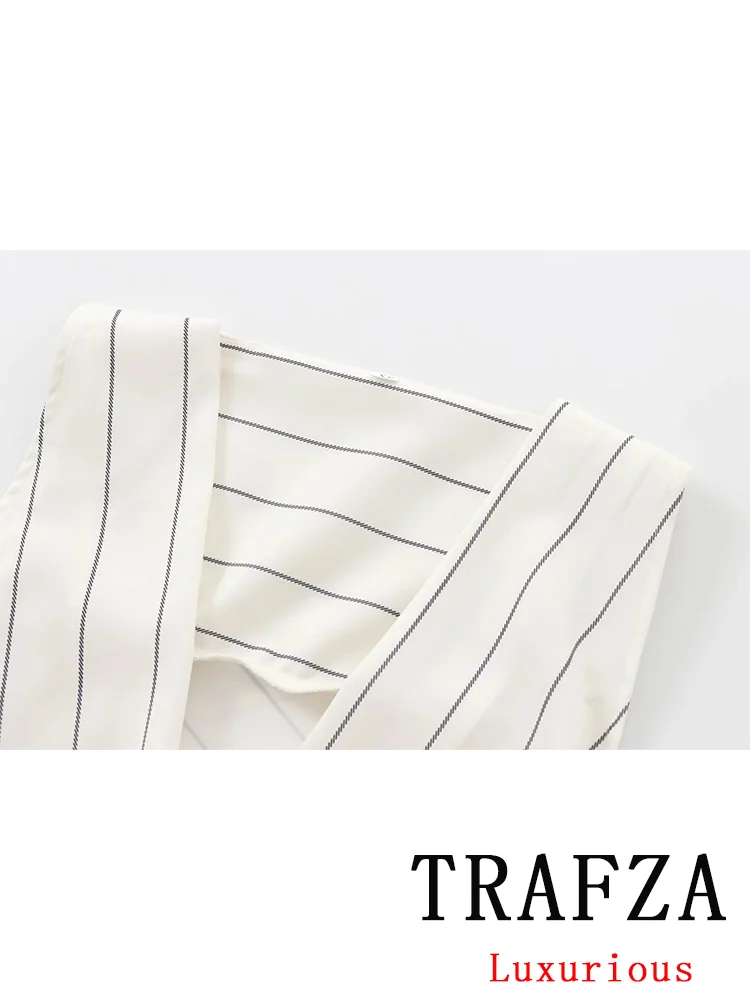 TRAFZA Vintage Casual Chic Women Suit Striped Fold Sleeveless Top Long Straight Pants New Fashion 2024 Holiday Autumn Suits