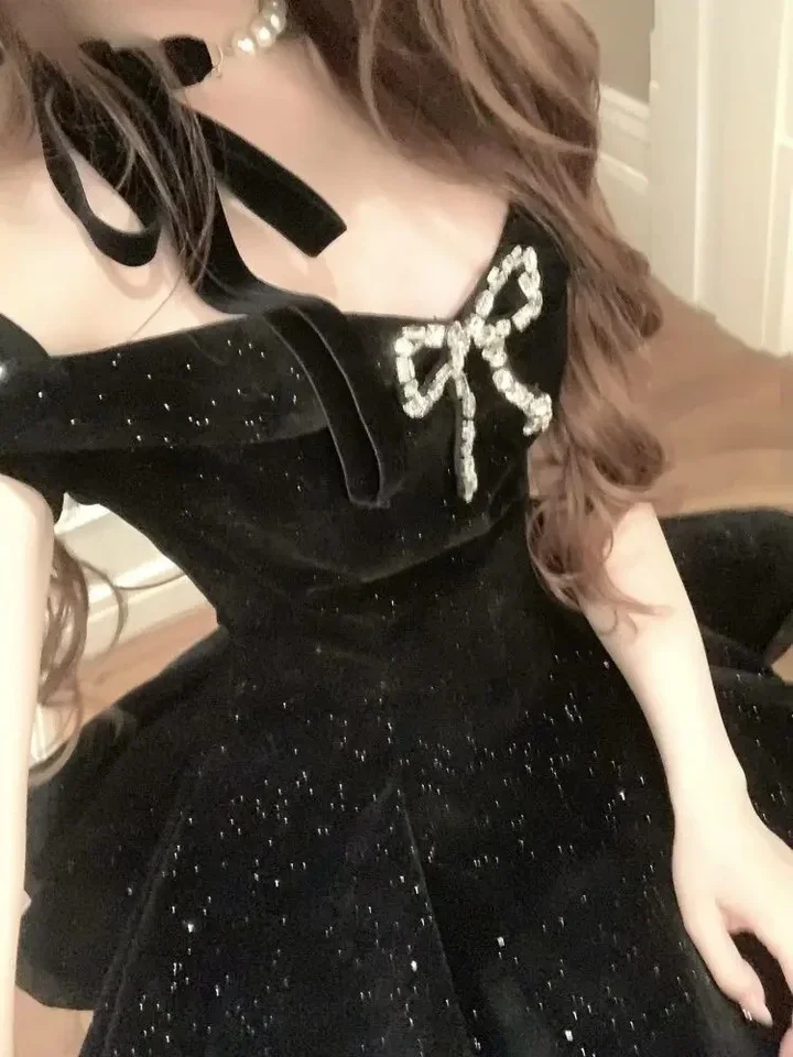 Vestido Negro de Fiesta de Noche para Mujer Gótico Hombro Descubierto Vintage Americano Y2k Mini Vestido Femenino para Oficina Cumpleaños Coreano 2