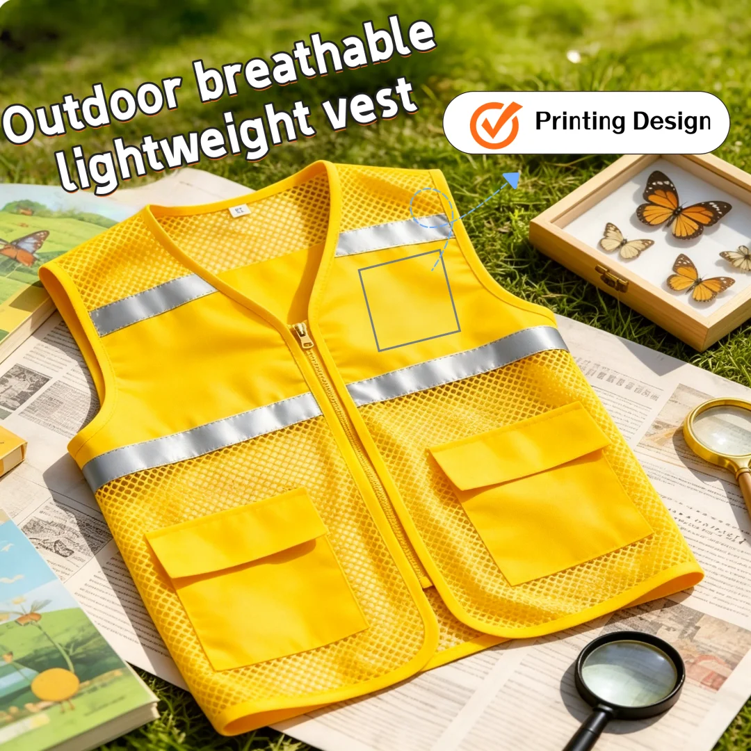 Gilet d'été 2026 personnalisé avec logo, sans manches, fin et respirant, pour événements, bénévoles, camping, randonnée et chasse