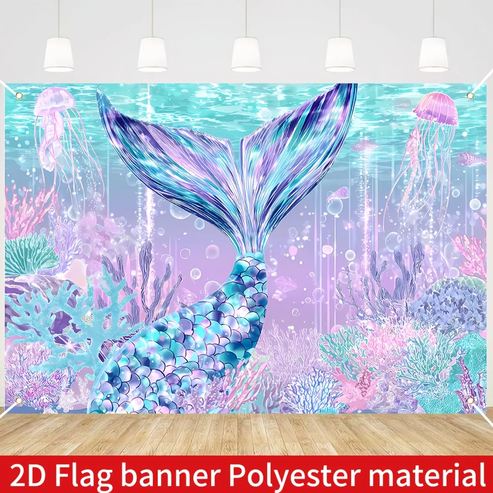 Pancarta plana 2D para fiesta de cumpleaños estilo sirena, 1 unidad, escena oceánica de fantasía con cola de ballena, arrefes de coral y medusas, poliéster