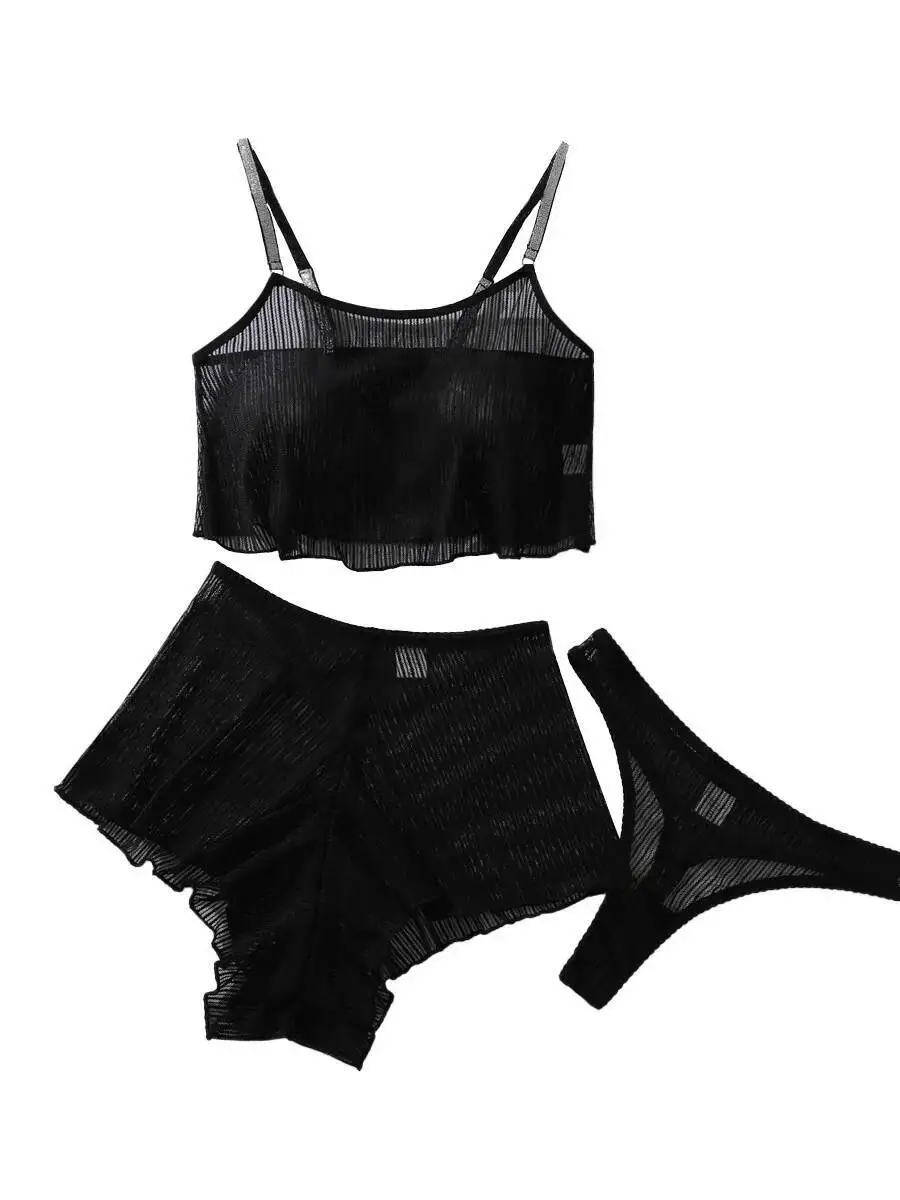 2025 جديد شبكة سوداء خفيفة الوزن سليم مثير Casaul السراويل مجموعات عارية الذراعين العميق الخامس الحمالات أكمام شفافة السراويل مجموعات 1SBC #5