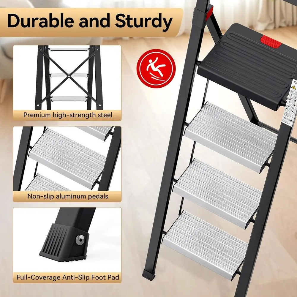 سلم محمول قابل للطي مع صينية أدوات، دواسات ألومنيوم غير قابلة للانزلاق، يدعم 800 رطل للمنزل والمطبخ واستخدام المرآب #5