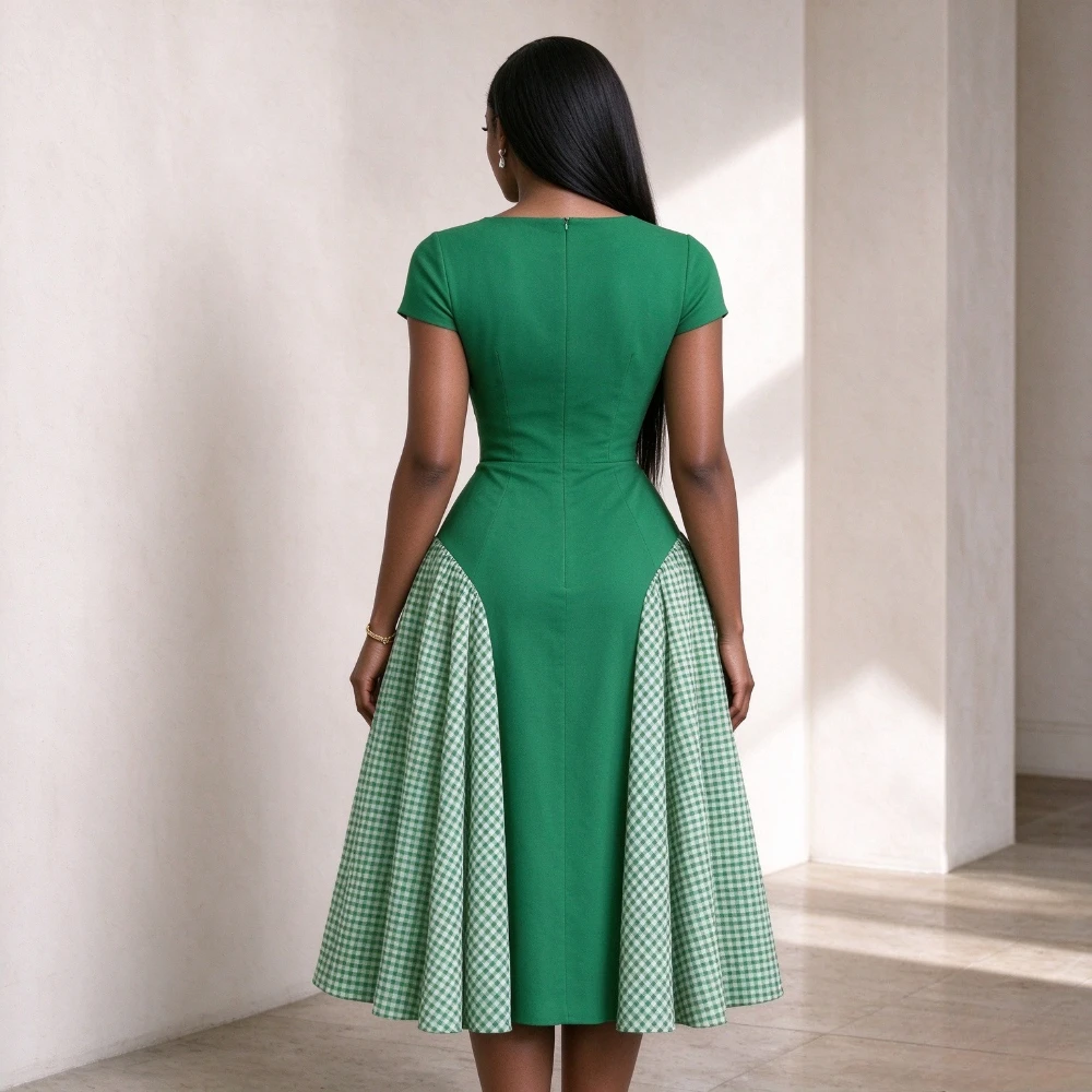Customized Green Plaid Patchwork Midi Dres Short Sleeve O‑Neck A‑Line Formal Party Dress Elegant Evening Guest Dresses for Women