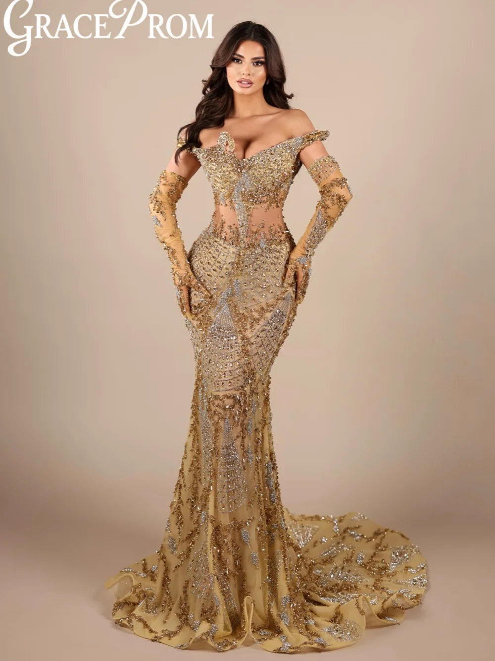 

Chic Golden Crystal Long Evening Dress Without Gloves Gorgeous Mermaid Wedding Party Gown New Customized Dazzling Prom Dresses