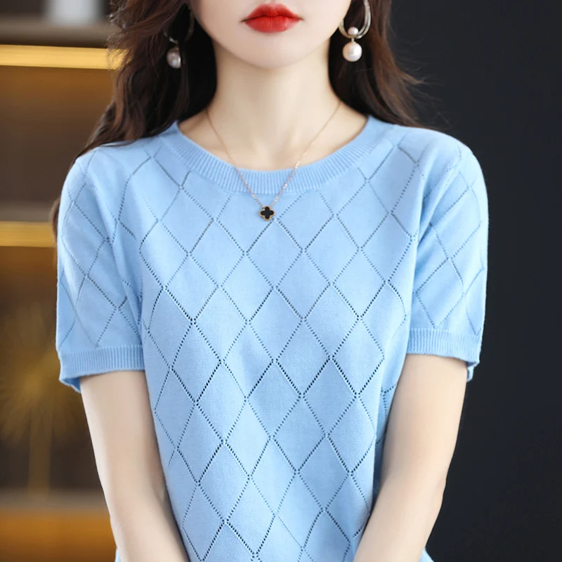 

Женская трикотажная футболка с коротким рукавом, универсальный облегающий свитер с круглым вырезом и стразами, лето 2023