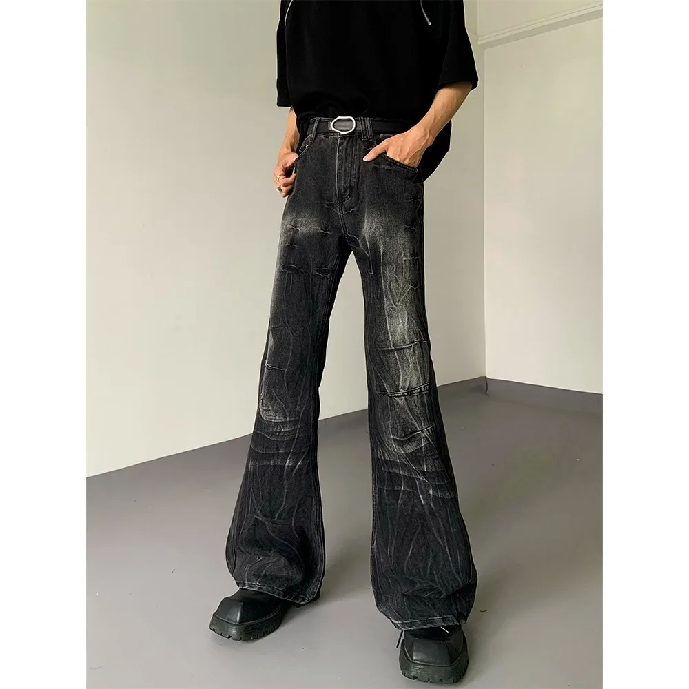 

American retro niche design, hip-hop jeans men's fashion brand high street washed tie dye zipper micro flared long pants