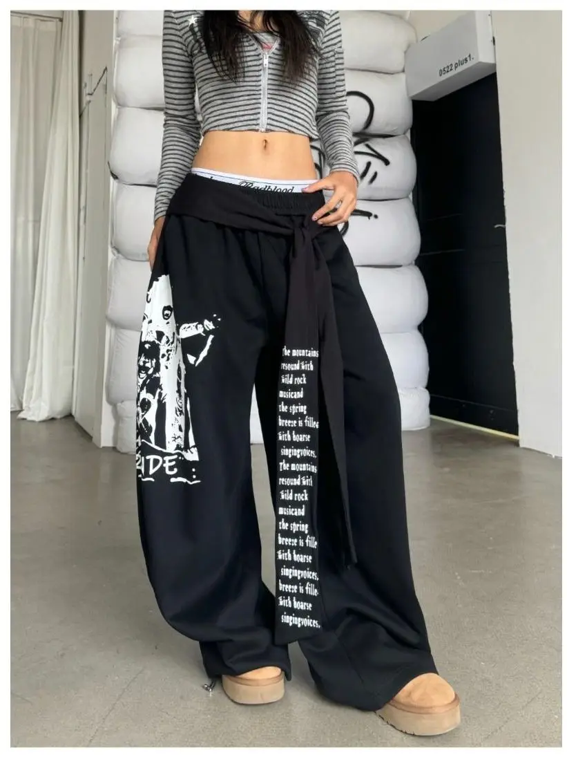 

Женские повседневные брюки с принтом, широкие, прямые, с высокой талией, в уличном американском стиле, свободного кроя, модель «Knife Pants»