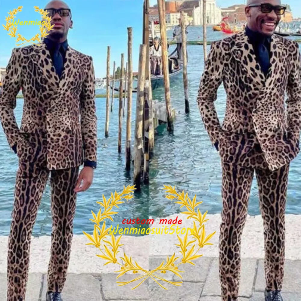 Leopard Print Men\'s Suits Slim Fit Peaked Lapel 2 Pieces Suede Blazer Tuxedos Party Prom Wear Pants Conjuntos De Chaquet