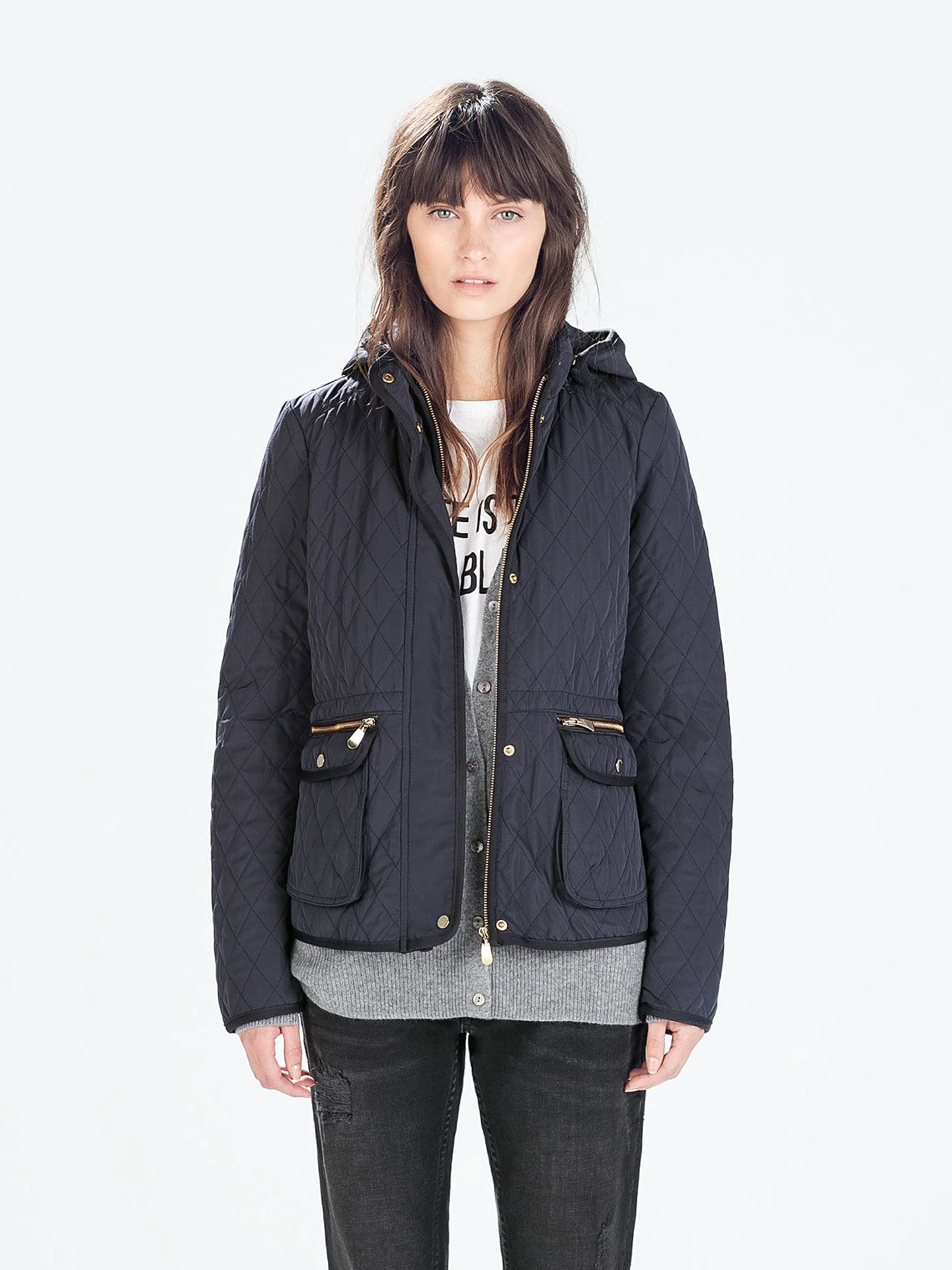 

Повседневная стеганая короткая тонкая хлопковая куртка с капюшоном и ромбовидным узором для женщин, весна-осень, прямой крой, длинный рукав, на молнии, чистый хлопок