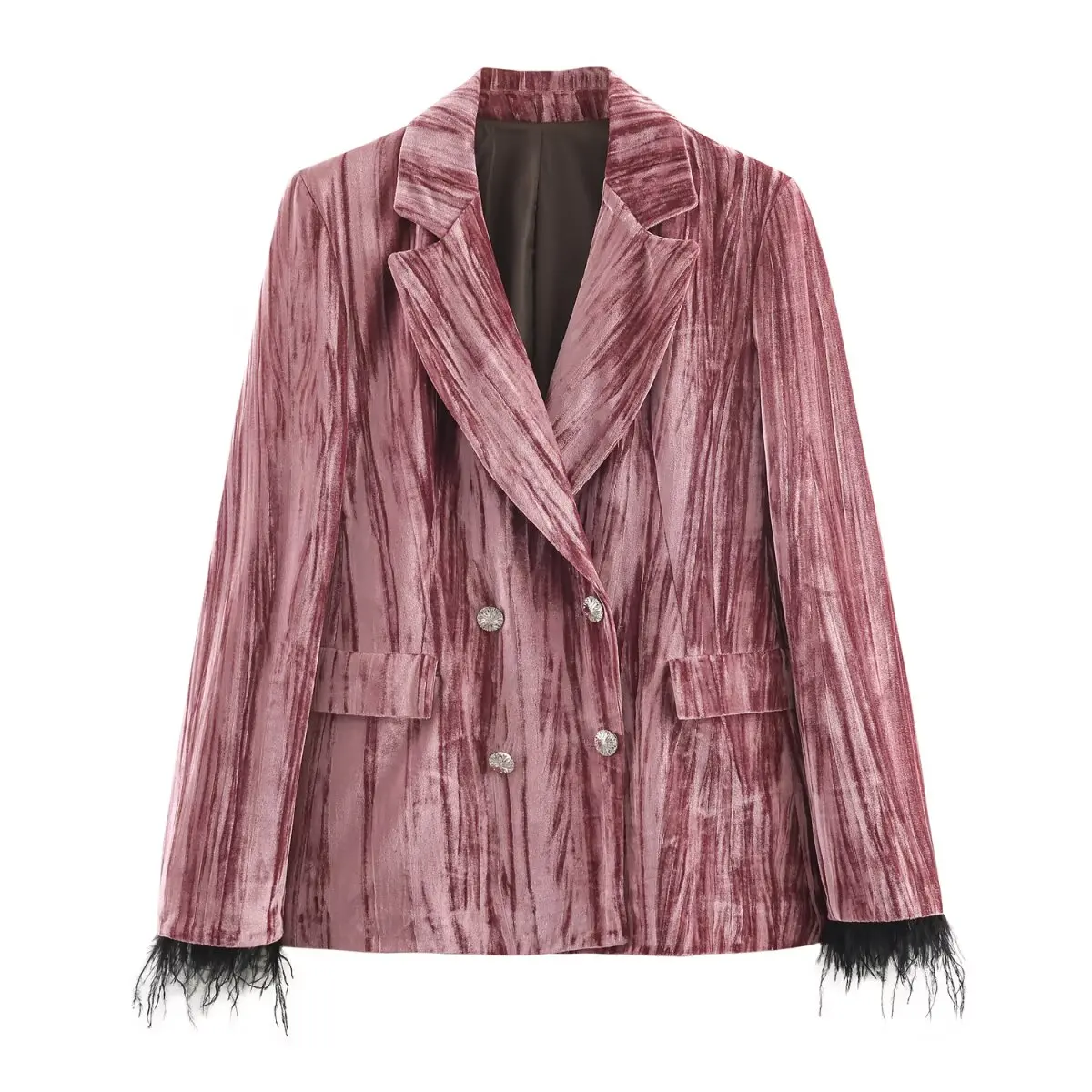 

2025 New Women's Clothing: European and American Style Fashionable Double-Layer Velvet Feather-Embellished Cuff Coat