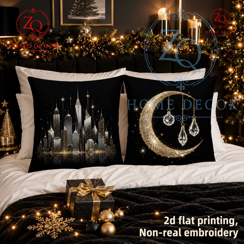 The starry moon crystal light luxury style pillowcase with its black  gold color scheme exudes a sense  sophisticion  is