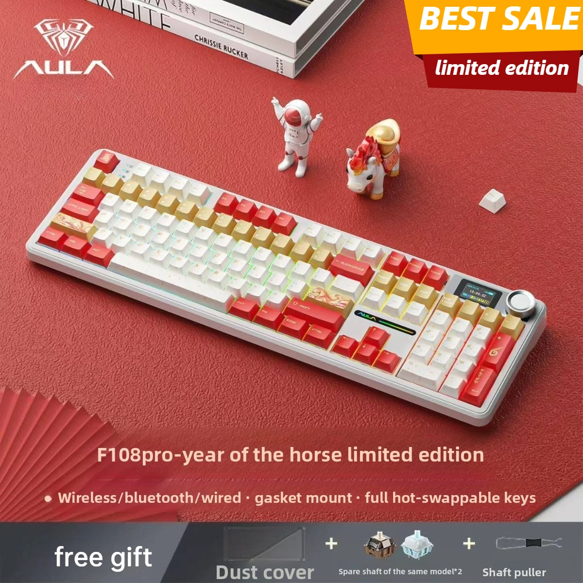 

Беспроводная механическая клавиатура AULA F108 PRO с экраном и регулятором, полноразмерная игровая клавиатура с аккумулятором 8000 мАч, для Mac/PC/Android
