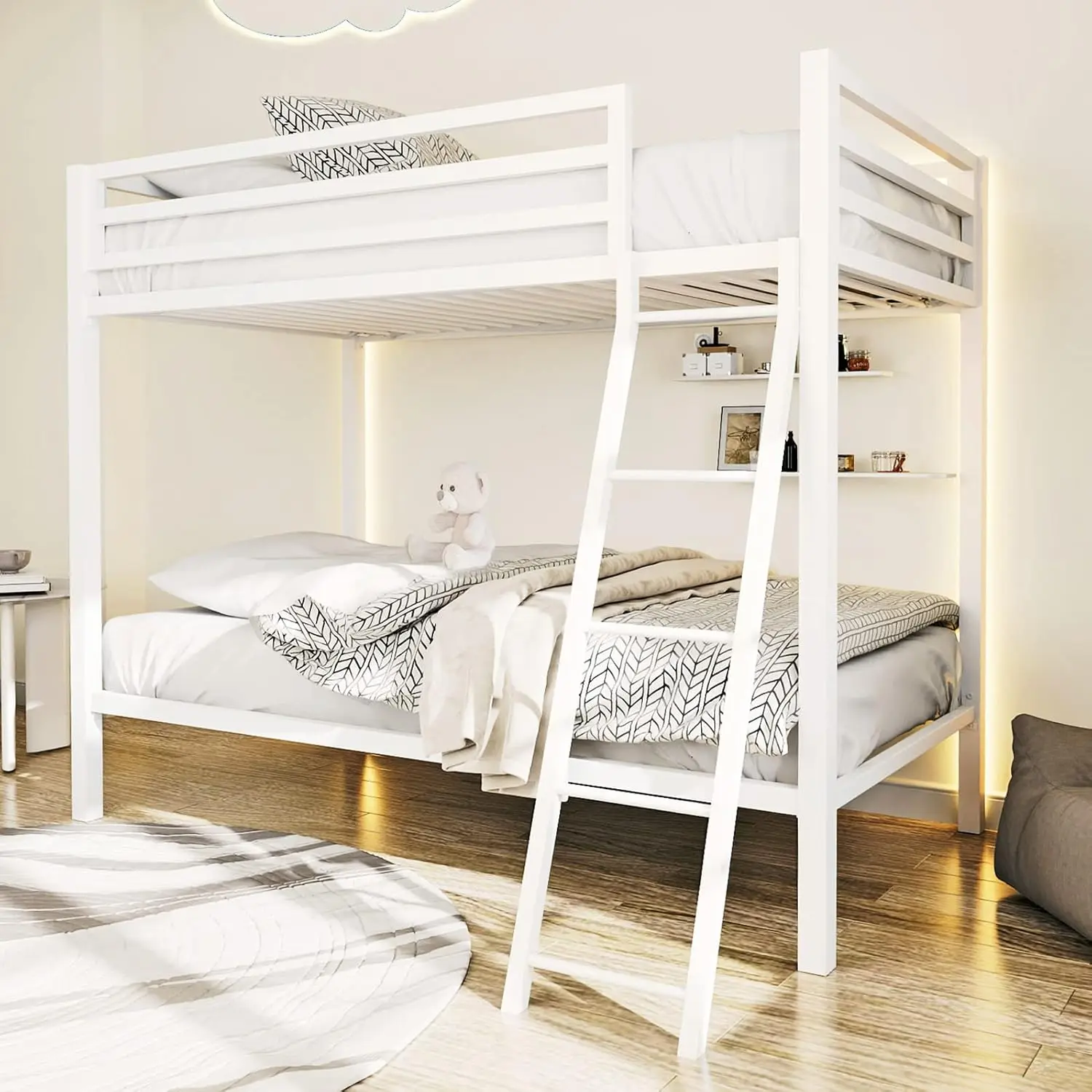 Metal heavy-duty bunk bed with safety 14 inch guardrail and sturdy inclined ladder, saving space/matte white