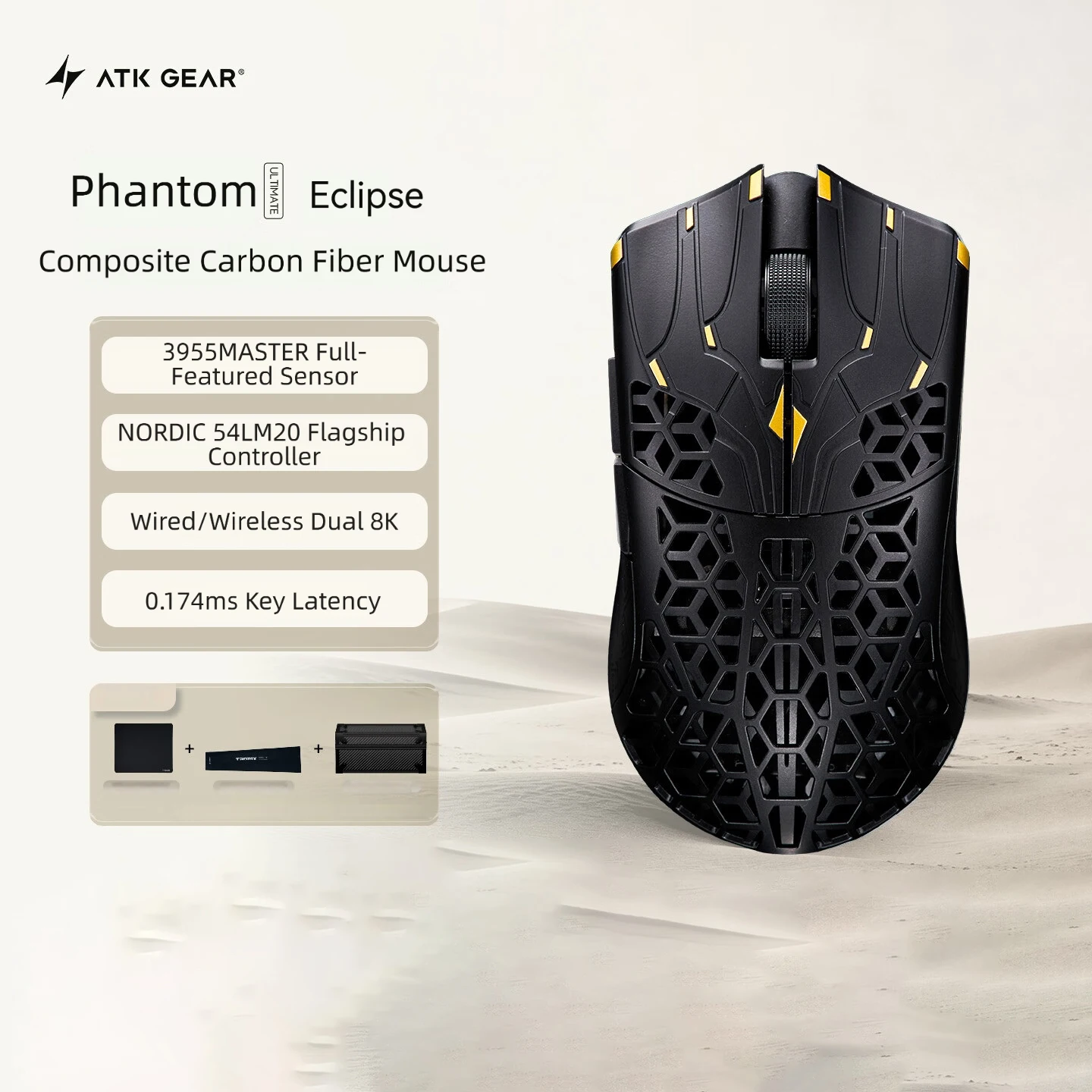 ATK Phantom Ultimate Wireless Gaming Mouse Composite Carbon Fiber Hollow PAW3955 Lightweight Esports Small Medium Hands Dual 8K