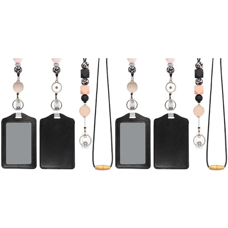 Exquisite-2X Retractable Lanyards For ID Badges And Keychain With PU Leather Holder Teacher Lanyards Breakaway For Women Black