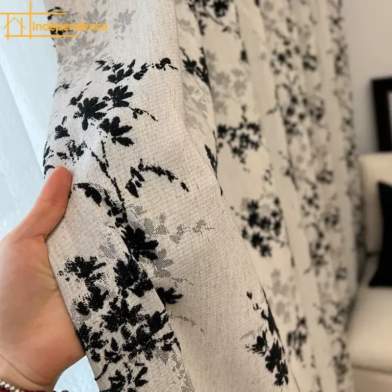 

Chinese Customized Linen Jacquard Cream White Curtains for Living Room Tea Room Study Bedroom Balcony French Window Finished