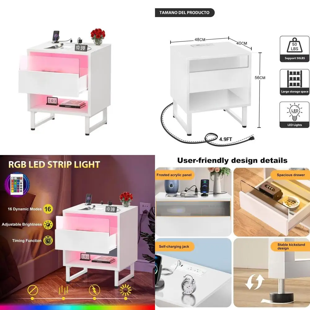 

Modern LED-Lit Nightstand with Charging Station, Outlet, and Drawer for Bedroom and Dorm Rooms