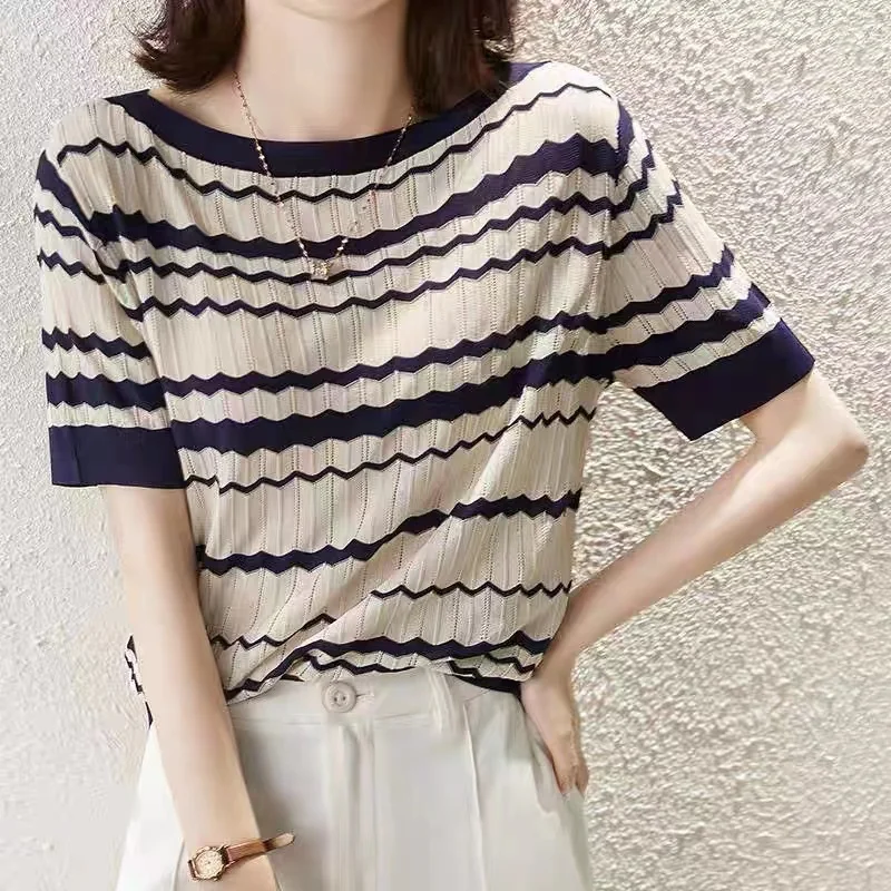 Fashionable summer wave stripe ice silk knit short sleeve women's round collar thin cotton and linen T-shirt half sleeve top