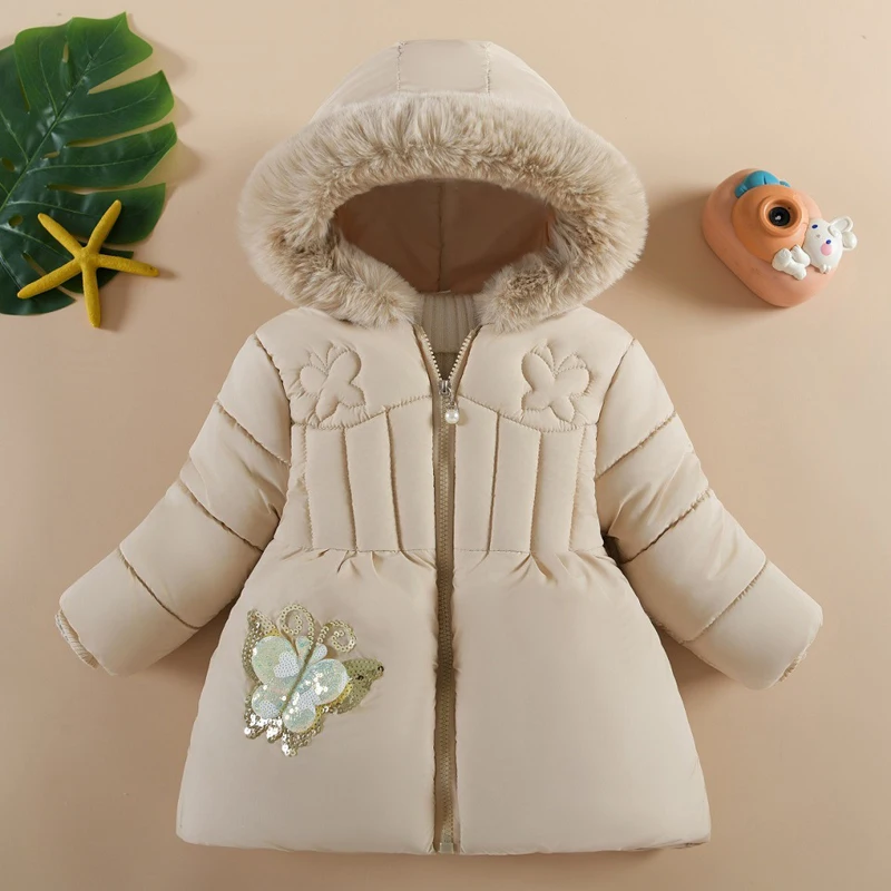 Giacca invernale per neonate tinta unita paillettes Cartoon Butterfly Stickers fodera PlushThick Warm Hooded Coat per tuta da neve per bambini 1-4Y