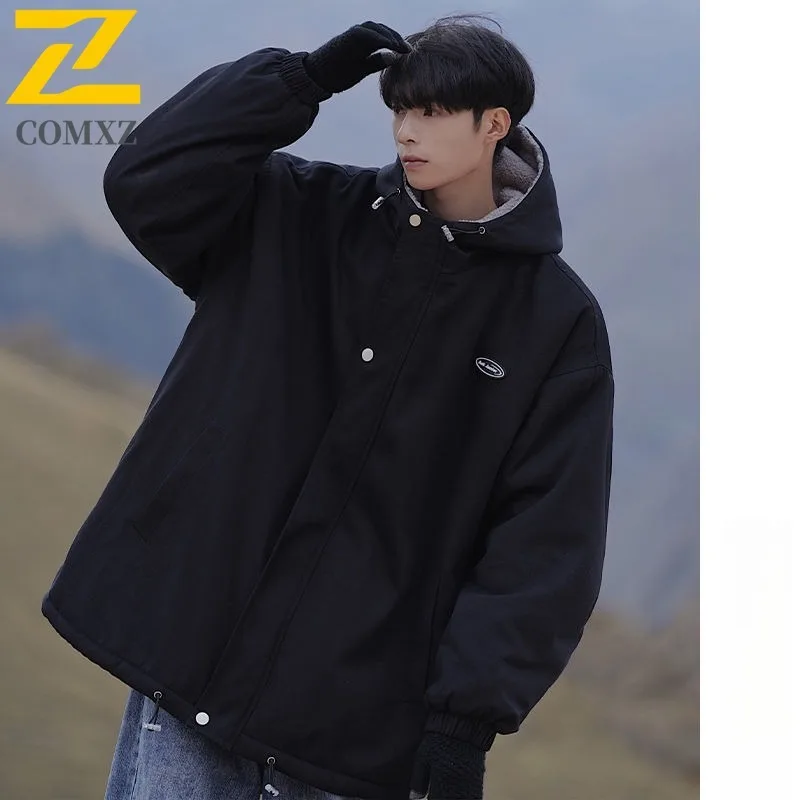 

COMXZ 2025 Mens Winter Sherpa Fleece Lined Hooded Jacket American Style Fashion Casual Workwear Outdoor Sports Windproof Coat