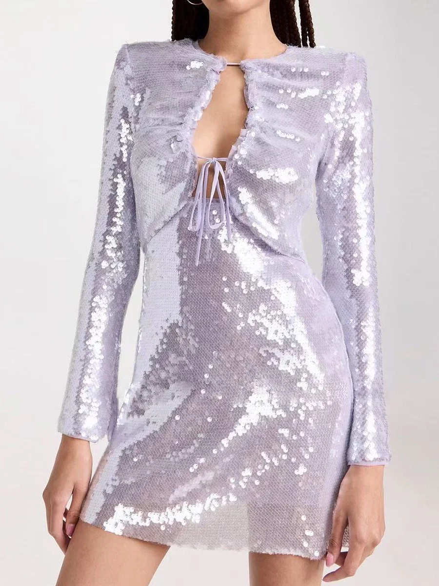 

2025 New Women Light Purple Sexy Short Dress Sequined Hollow Out Round Neck Long Sleeve High Waist Slim Ladies Mini Robe