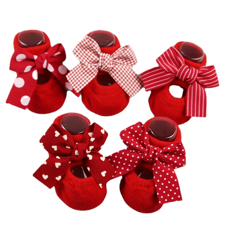 Neugeborenen Innen Baumwolle Rot Atmungsaktive Socken Stirnband Bogen Infant Anti Slip Socken Baby Mädchen Socken Baby Mädchen Zeug Frühling Herbst