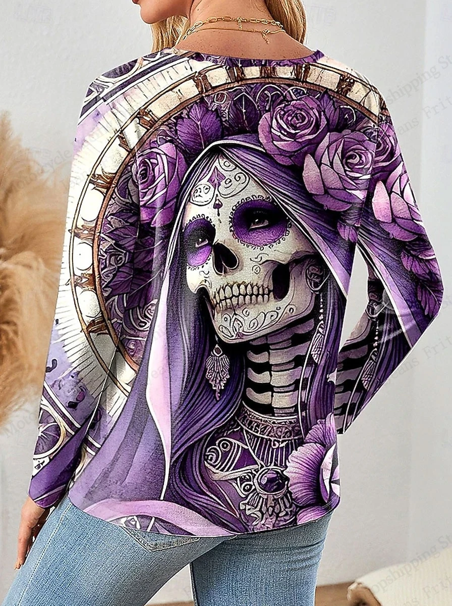 المرأة تي شيرت الأزهار الجمجمة خمر ثلاثية الأبعاد طباعة طويلة الأكمام تي شيرت المرأة موضة المتضخم الميت بلايز تيز ربيع خريف شتاء #2