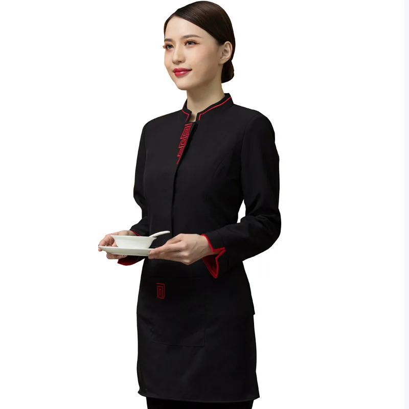 فندق العمل الزي الخريف الشتاء النساء إناء/ قدر مطعم شواء مطعم الشاي البيت النمط الصيني النادل كم طويل للجنسين