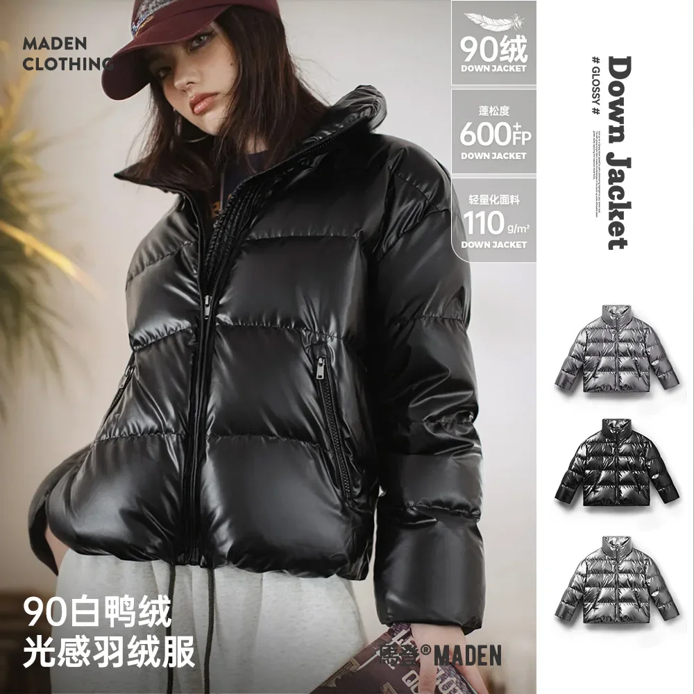 Maden Casual Shiny 90% White Duck Down Jacket Short Stand-up Collar Warm Puffer Jacket for Women Fall and Winter Thickened Coat