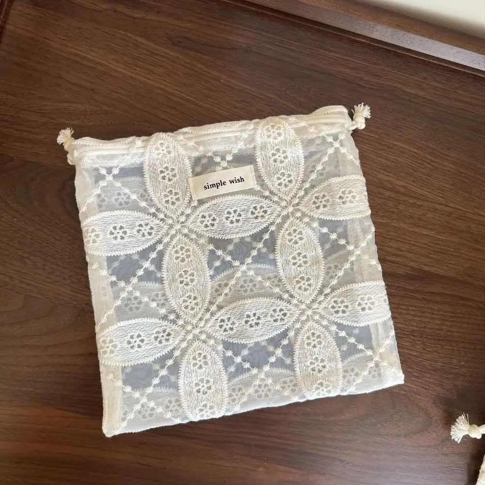 Portable Embroidery Flower Drawstring Pouch Retro Hollow Out Cute String Bags Lightweight Practical Jewelry Storage Bag