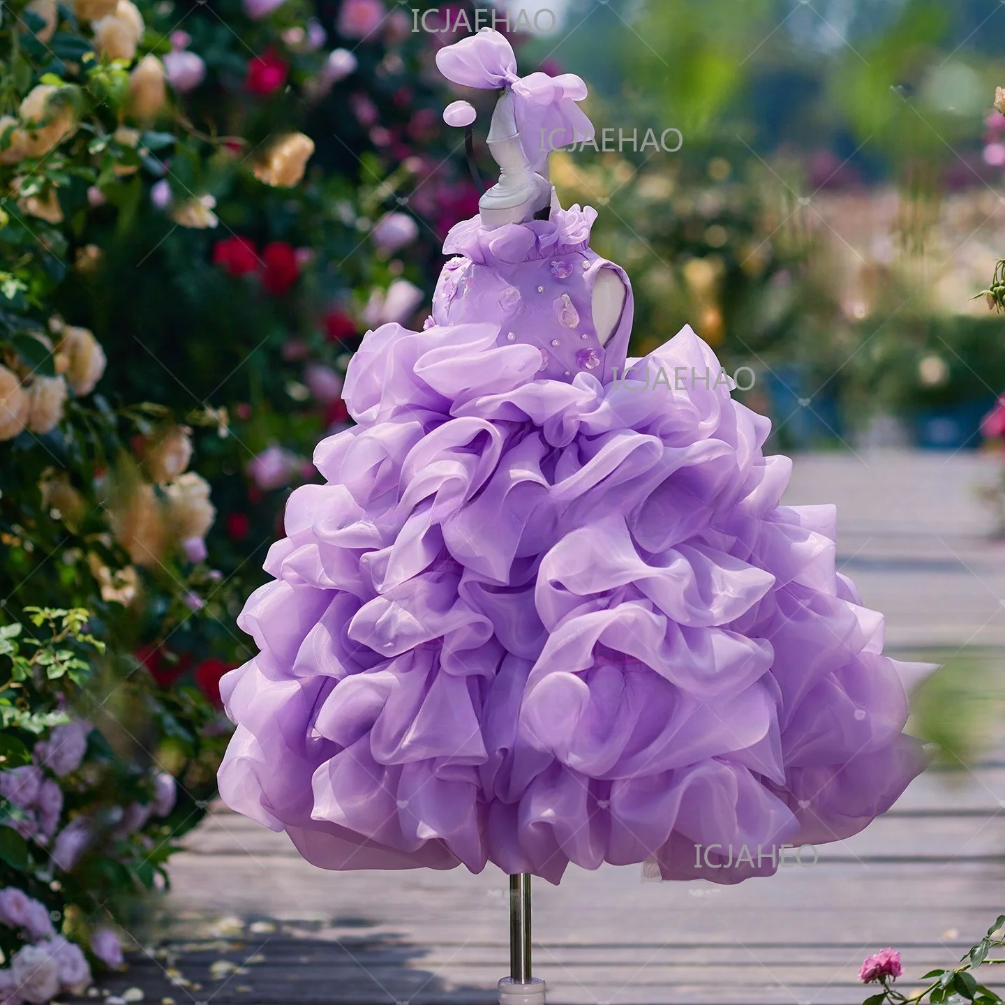 Dreamy Purple Heavy-duty Kids Birthday Party Gown, Girls Princess Dress With Cloud Petal Bubble Design Children Costume