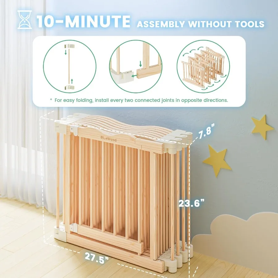 Składany drewniany kojec - Regulowany drewniany plac zabaw dla niemowląt z blokadą zabezpieczającą przed dziećmi, duży, bezpieczny płotek do użytku wewnątrz pomieszczeń dla niemowląt i małych dzieci.