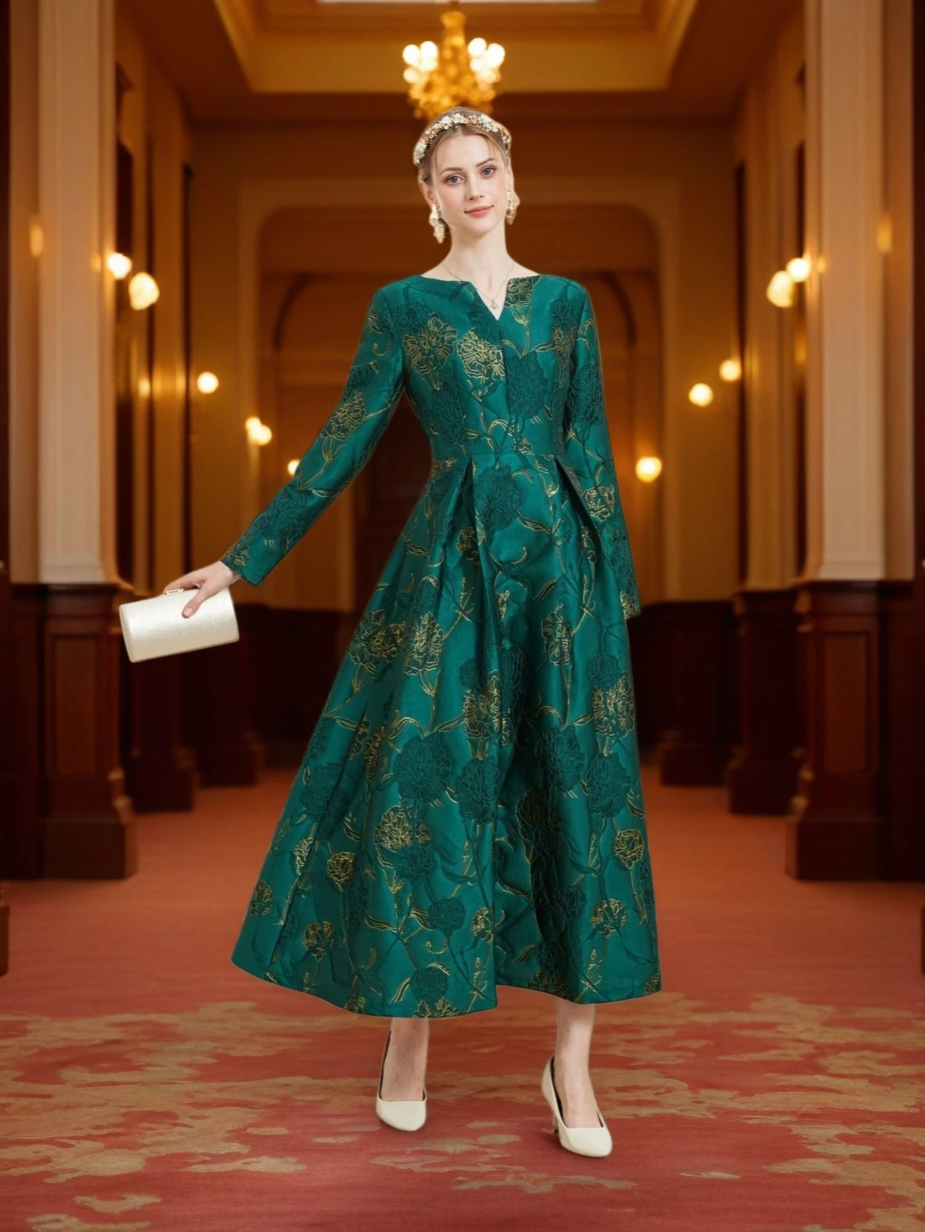 DEVCHATA Vintage mujer vestido Jacquard de manga larga Floral elegante vestido de fiesta para eventos de noche nueva llegada vestido de baile de moda