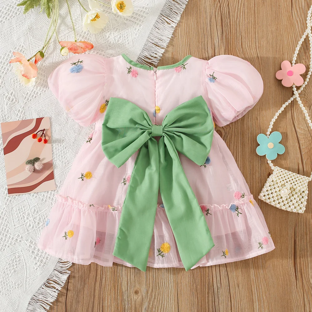 Summer Green Bow Baby Girl Dress Sweet Floral Children'S Clothing (9 Months -3 Years Old)