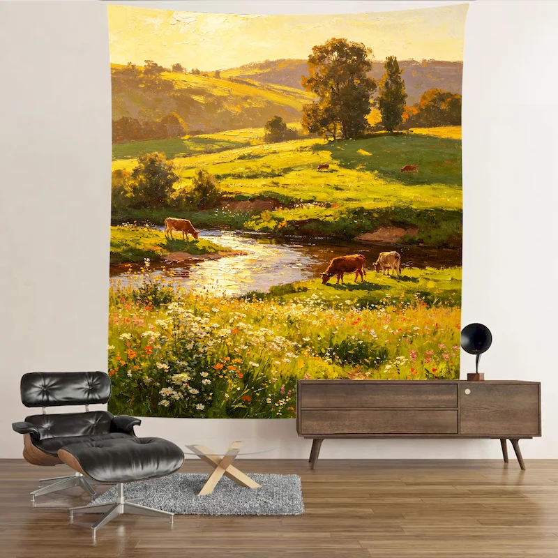 VIKAMA Mountain Slope Ranch Wildflowers Creek Cattle Morning Oil Painting Tapestry Bedroom Wall Hanging Home Decoration