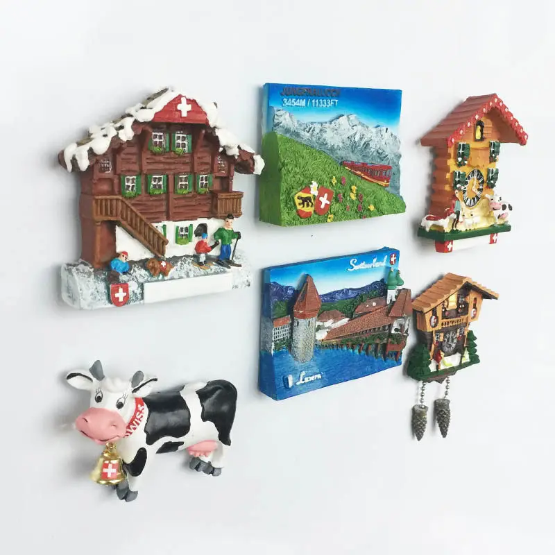 Swiss Jungfrau Lucerne Lake Cuckoo Clock Cow Design Creative Tourism Commemorative Decorative Magnetic Refrigerator Magnet