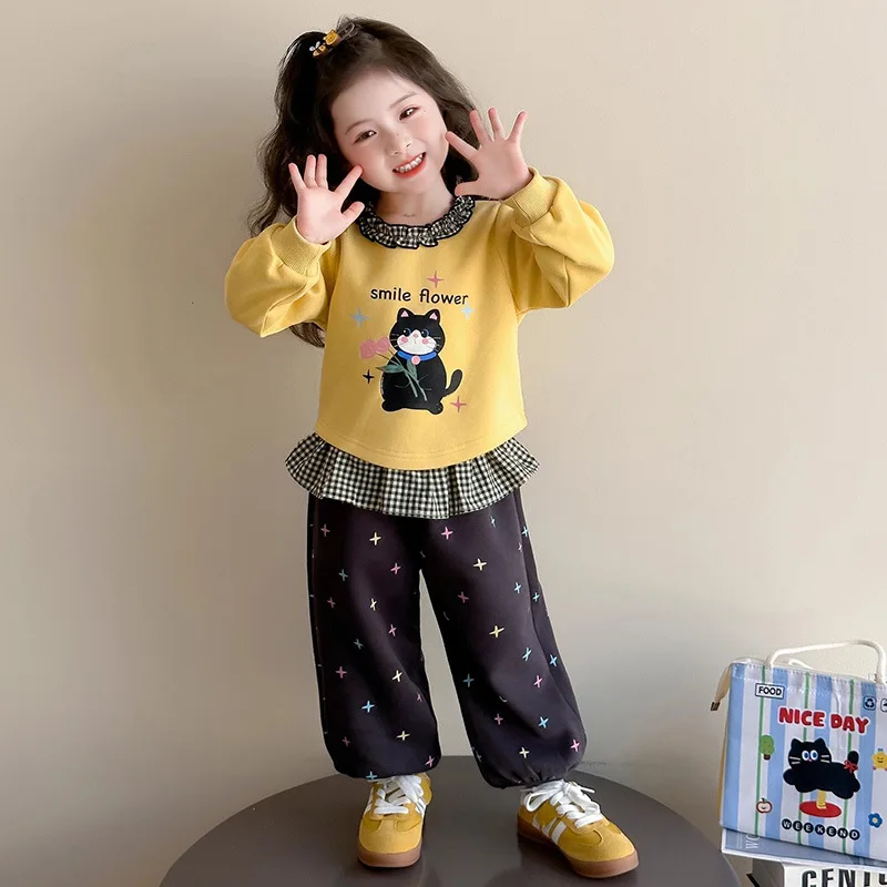 2026 Autumn Baby Girl Clothes Sets Kids Ruffle Collar Cartoon Print Sweatshirt+Star Pattern Pants 2Pcs Children Casual Tracksuit