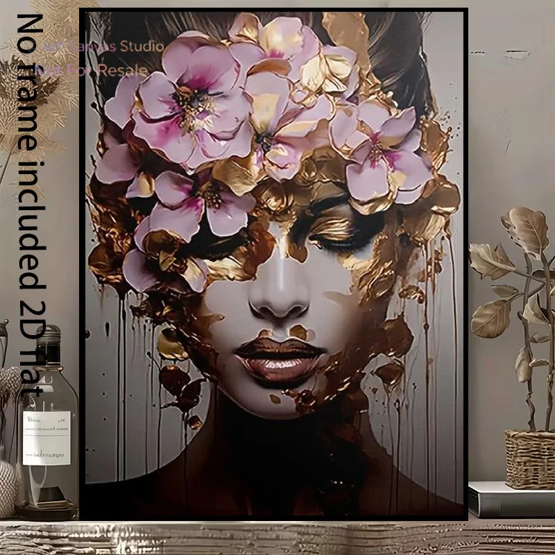 2D Flat, 1pc Vertical Female Portrait Canvas Painting - Golden Petals & Pink Flowers Suitable for Spring Summer Decor, Minima