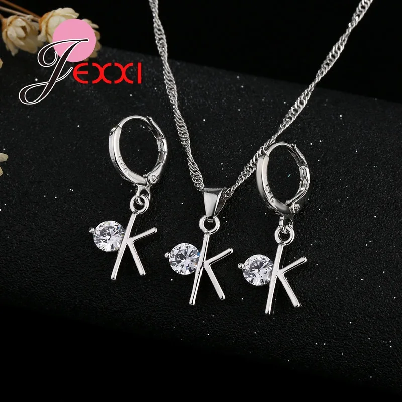 Trendy Silver Color Color Crystal Letter K Pendant Necklace Earrings Jewelry Set for Women Girls Party Fashion Jewelry