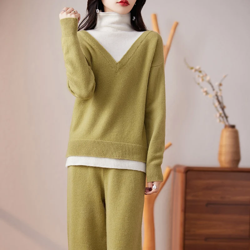 Autumn Winter 100% Merino Wool  Woolen Trousers Turtleneck Sweater Suit Soft Long Sleeve Fashion Casual Solid Color Clothes