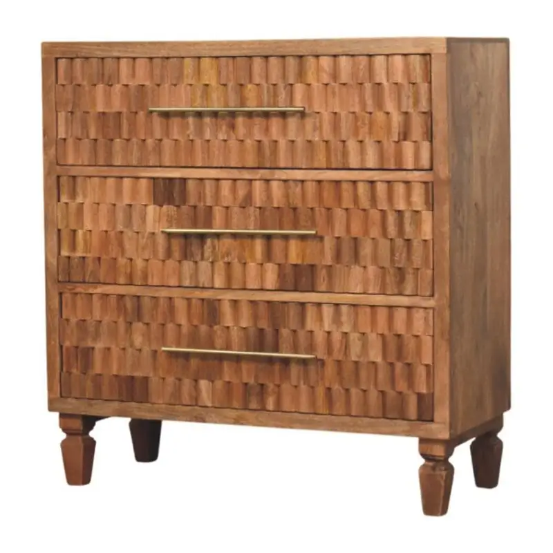 Commode en bois massif teck avec 3 tiroirs finition marron