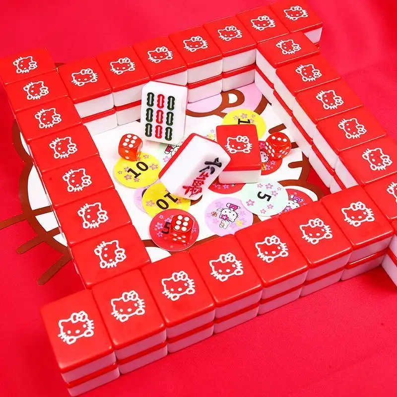 Kawaii sanrio anime olá kitty mini mahjong jogo conjunto entretenimento jogando cartas portátil vermelho mahjong jogo menino menina brinquedos presentes