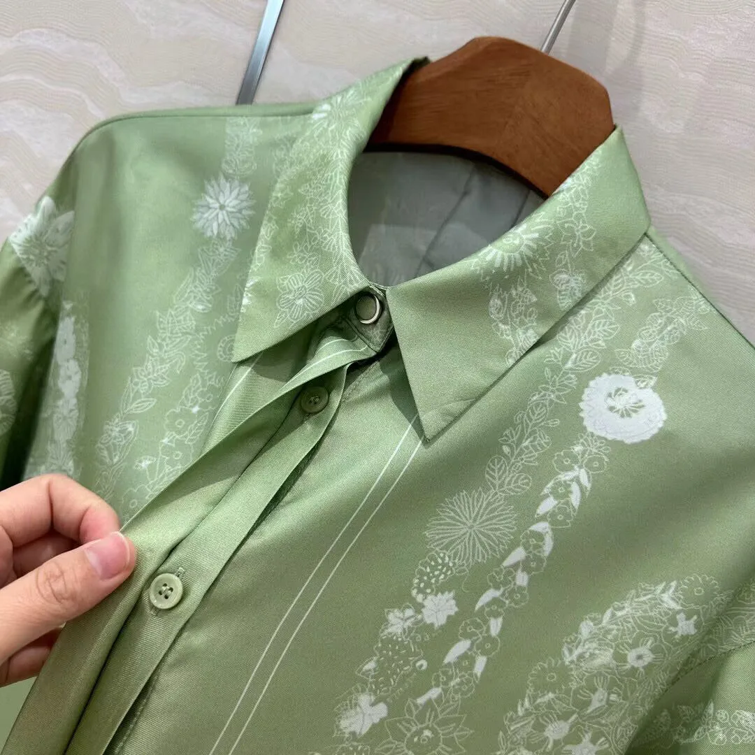 2025 nova primavera retro 100% camisa de seda topos feminino lapela manga longa único breasted floral impressão verde blusas vintage