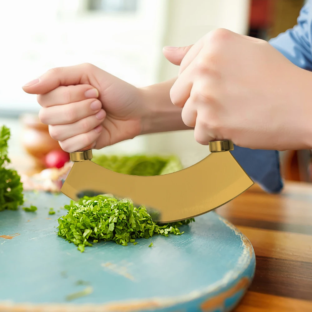 7 Inch Stainless Steel Herb Chopper Mezzaluna Knife Dessert Pizza Cutter Wooden Handle Food Shredder Kitchen Convenient Chopper