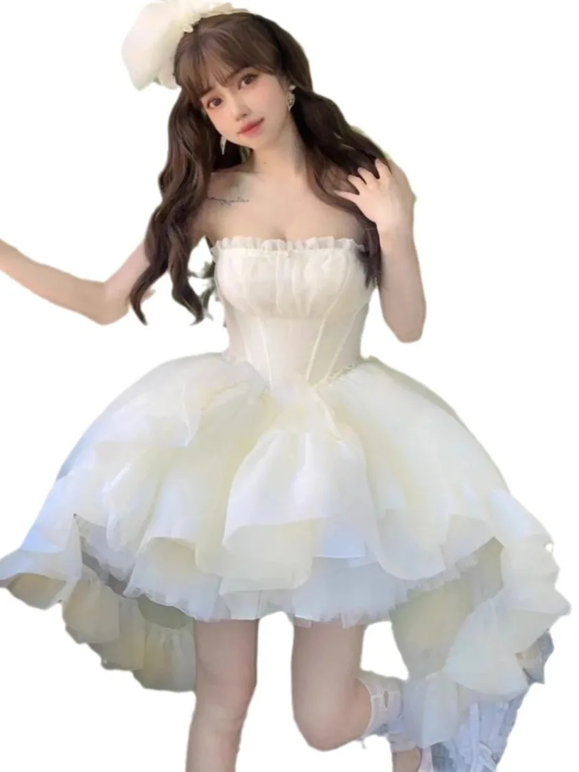 Gaoding Gaun Putri Ruxin Gaun Berbulu Gaya Perancis Rok Putri Trailing Manis Peri Rok Panjang Punggung Pendek Depan Peri