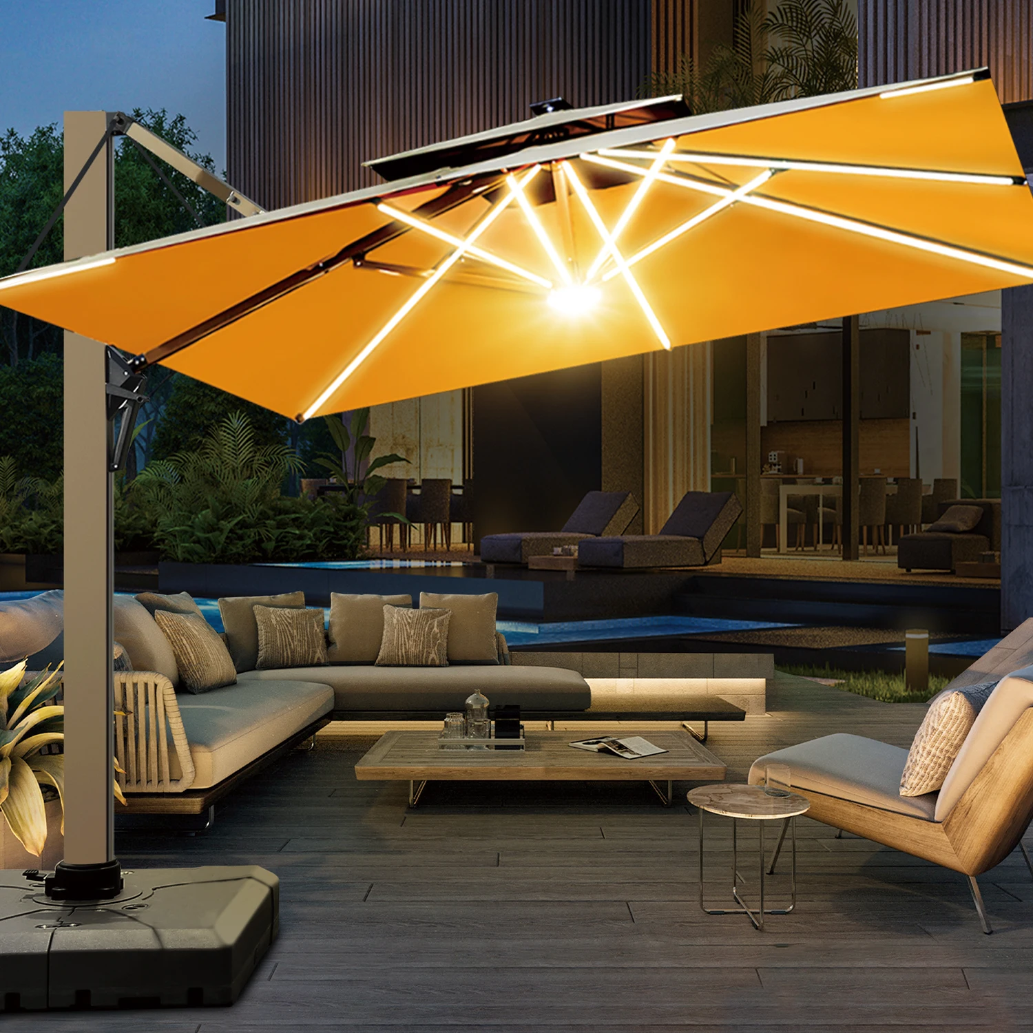 

Best Selling Luxury Anti-UV Rainproof Solar Energy Light Hotel Courtyard Umbrella For Patio Backyard Pool