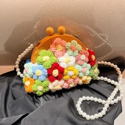 Woven Flower Shell Bags for Women 2024 Trend Fashion Mini Crossbody Bag Party Pearl Chain Trend Purse Cute Female Shoulder Bag